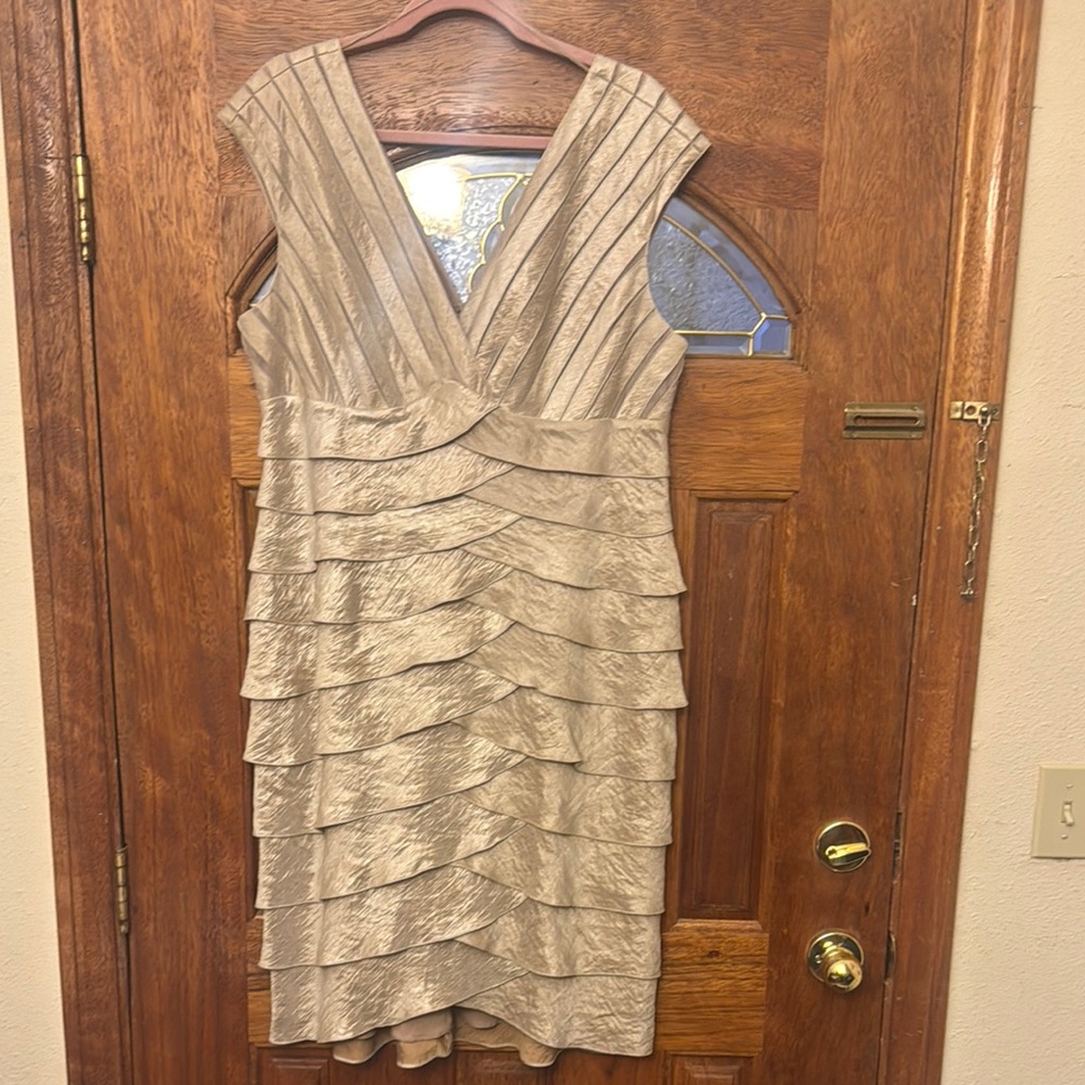 Adrianna Papell Gold Sheath Dress with V-Neck Cap Sleeves